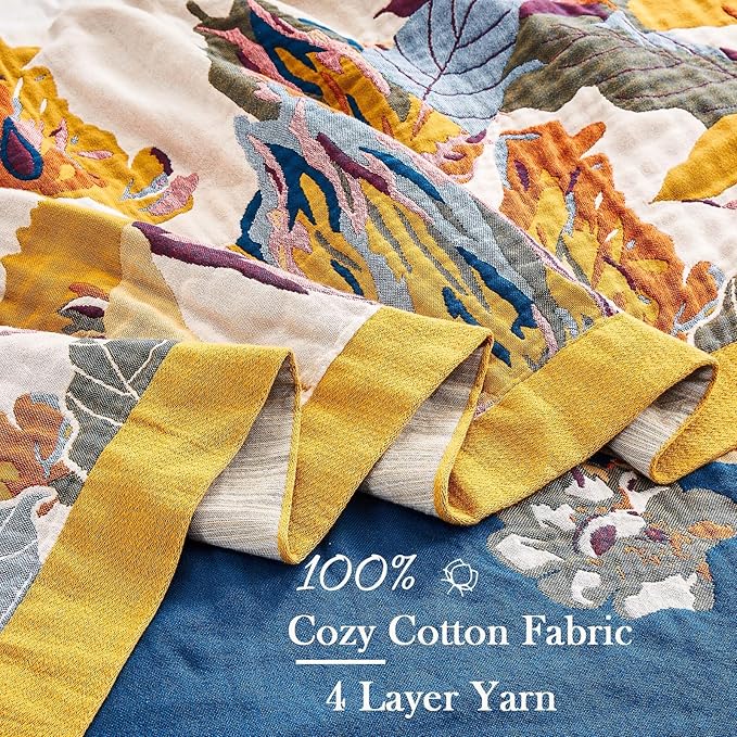XIBLC Boho Throw Blanket, 100% Cotton Ultra Soft Luxury Throw Rustic Quilt, 90"x98" Floral Bird Butterfly Farmhouse Decor Bed Blankets, All Season Rustic Reversible Bohemian Throw for Bed - Yellow