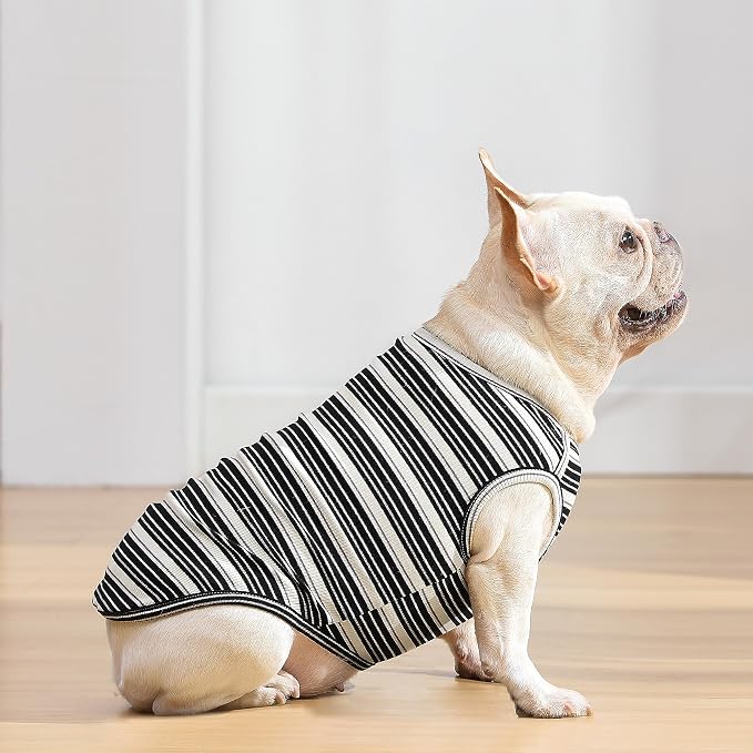 Dog Shirts Vest Cotton Striped T-Shirt, Sleeveless Stretchy Pet Clothes for Small Dogs, 2-Pack Soft Breathable Puppy Tank Top Cat Tee (Large, Black,Gray)