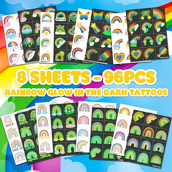 96 PCS Rainbow Pastel Rainbow Pre-Cut Luminous Glow in the dark Temporary Tattoos for Kids | Super Cute Themed Birthday Party Favors Supplies Decorations, Fake Tattoo Stickers Gifts for Boys Girls
