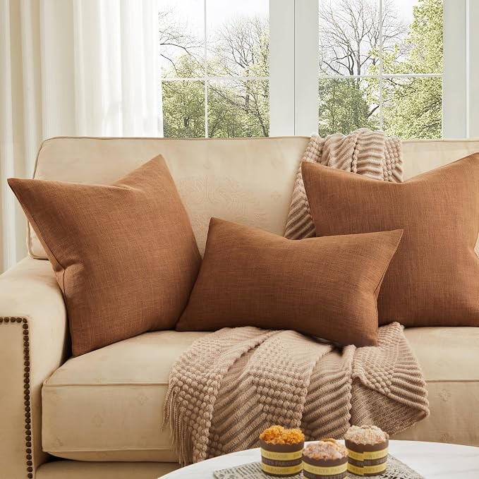 Rustic Linen Throw Pillow Covers Set of 2, Caramel 24x24in | Textured Pillow Case, Rustic Cotton Linen Fabric, Modern Farmhouse Cushion Covers for Sofa Bed Living Room Home Decor
