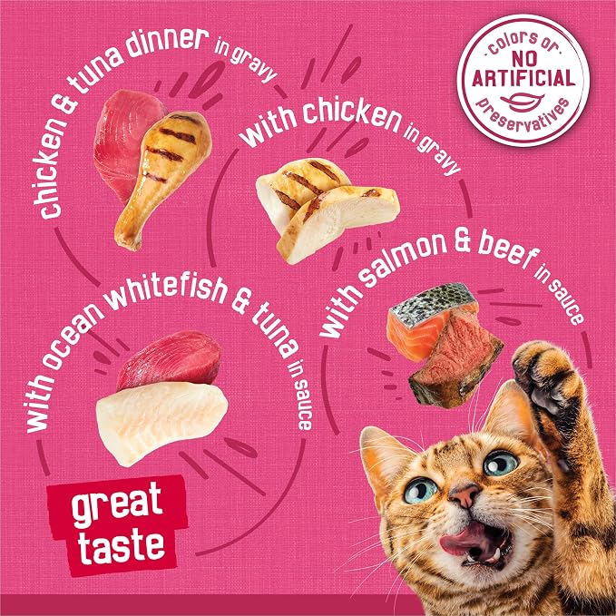 Purina Friskies Prime Filets Cat Food Variety Pack, 40 Pack 5.5 oz Cans | Surfin' and Turfin' wet cat food favorites in a savory gravy, made with real meat, poultry and seafood
