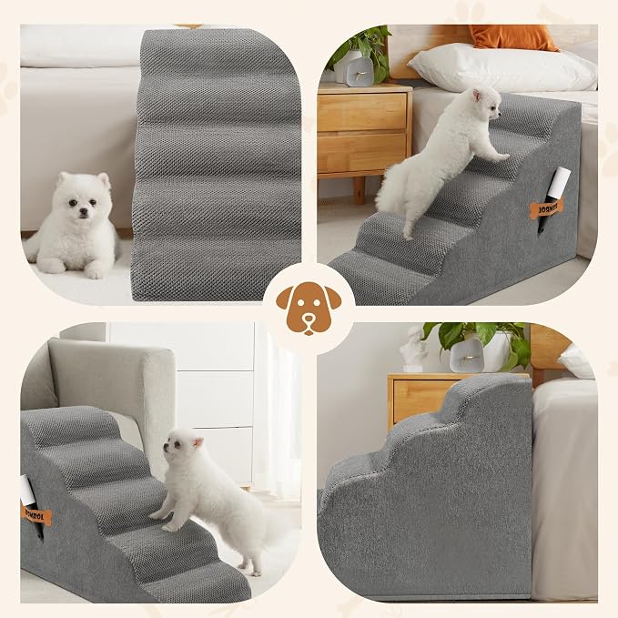 Romrol Dog Stairs Ramp for High Beds Couches, High Density Foam Pet Steps with Durable Non-Slip Waterproof Fabric Cover, Dog Stairs for Small Dogs or Cats or Pets, 5-Step, 22 Inch, Grey