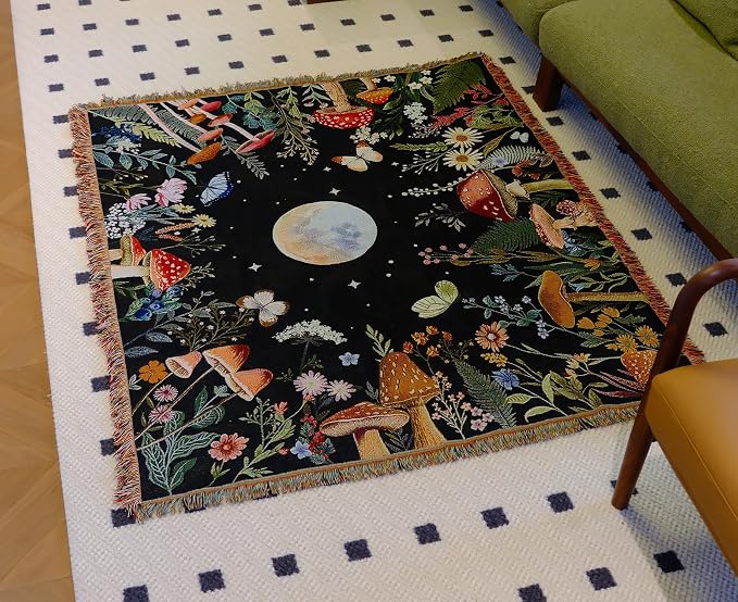 Moonlit Garden Woven Throw Blanket Cotton Boho Throw Blanket Moon Plant Blankets Boho Chic Decor Reversible Cute Witchy Throws Blankets with Tassels Bohemian Room Decor Luxury Couch Throws 51”x59”