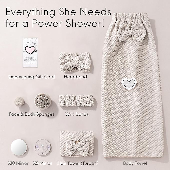 HAPPY LOLLI Power Shower Gift Set for Teen & College Girls, Birthday Gift, Self Care College Essentials Bath Accessories with Towels, Headband, Wristbands & Face Sponge (Fresh in Beige)