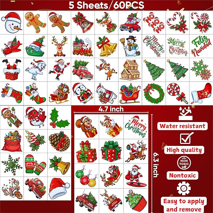 Christmas Temporary Tattoos | Christmas Party Decorations Xmas Decorations Décor Accessories Stickers Party Favors Goodie Bags Stocking Stuffers Santa Claus Snowman Gift Idea For Kids Boy Girl-60Pcs