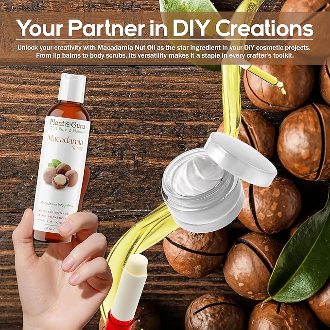 Plant Guru Macadamia Nut Oil 4 fl. oz. Cold Pressed 100% Pure Natural Carrier – Skin, Face, Body, and Hair Moisturizer. Ideal for DIY Creams, Lotions, and Lip Balms