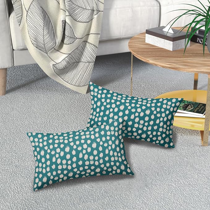 Sweetshow Teal Cream Dots Lumbar Pillow Covers 12x20 Set of 2 Boho Design Polka Dot Print Throw Pillows Modern Outdoor Decorative Pillowcase Rectangle Linen Cushion Cases Decor for Sofa Couch Bed