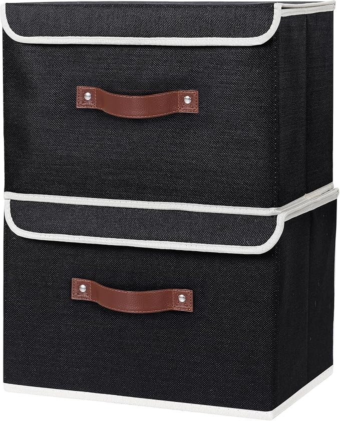 ANMINY Fabric Storage Box Bins with Lids, Black, 15"x10"x10", 4 Pack | Keepsake Memory Storage, Cotton Linen, PP Board Reinforced, Washable, PU Handles, Foldable & Stackable, Decorative, Large