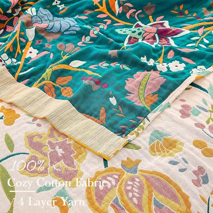 XIBLC Boho Throw Blanket for Bed, 100% Cotton Soft Rustic Quilt Fall Blanket, 90"x98" Floral Printed Farmhouse Decor Bed Blankets, All Season Rustic Reversible Bohemian Throw Quilt