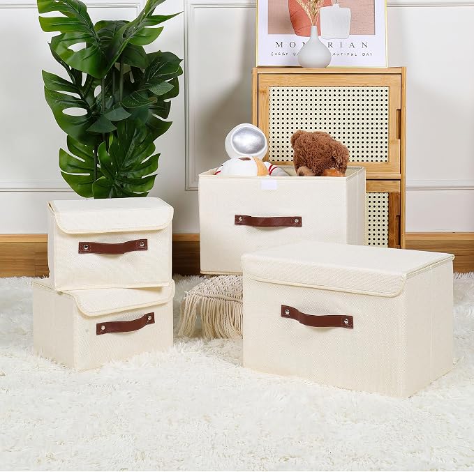 ANMINY Fabric Storage Box Bins with Lids, Beige, 15"x10"x10" | Keepsake Memory Storage, Cotton Linen, PP Board Reinforced, Washable, PU Handles, Foldable & Stackable, Decorative, Large