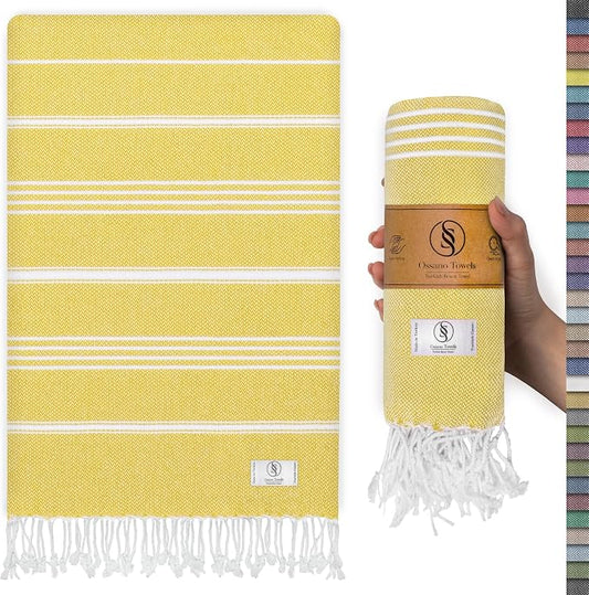Ossano Turkish Beach Towel Quick Dry & Absorbent Oversized (39" x 71") - Compact, Versatile and Functional as Yoga Mat, Picnic Blanket, Travel Blanket, Bath, Camp and Shower Towel - Yellow