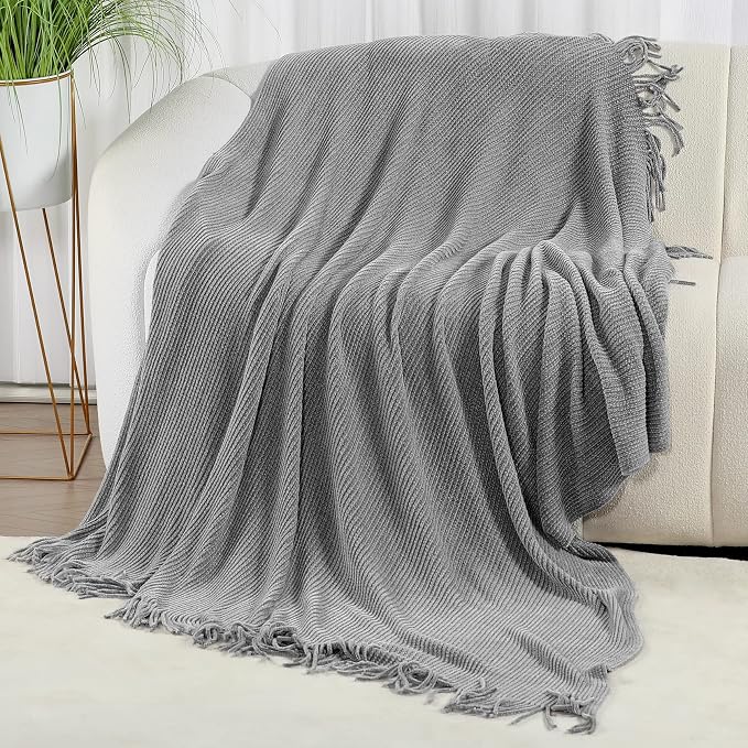 Blagic Chenille Throw Blanket for Couch and Bed,Light Gey,50"x60" | Soft Farmhouse Boho Throw Blanket with Tassels,Decorative for Living Room,Stripe Textured Throws for Bed/Chair/Sofa