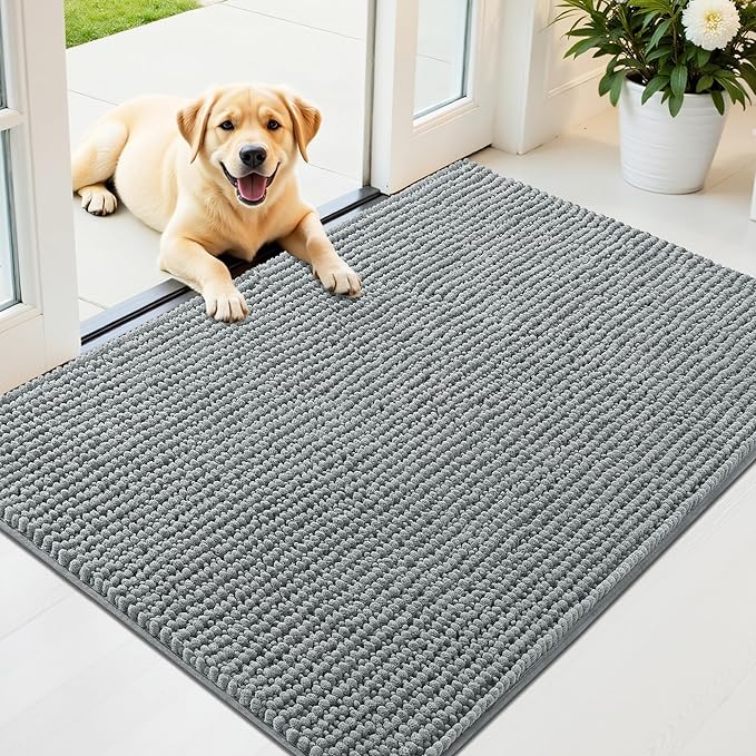 OLANLY Dog Door Mat for Muddy Paws 44x32, Extra Absorbent Chenille Mud Mat | Grey, Absorbs Moisture and Dirt, Non-Slip Machine Washable Doormat, Quick-Drying Indoor Entryway Floor Mat for Dogs