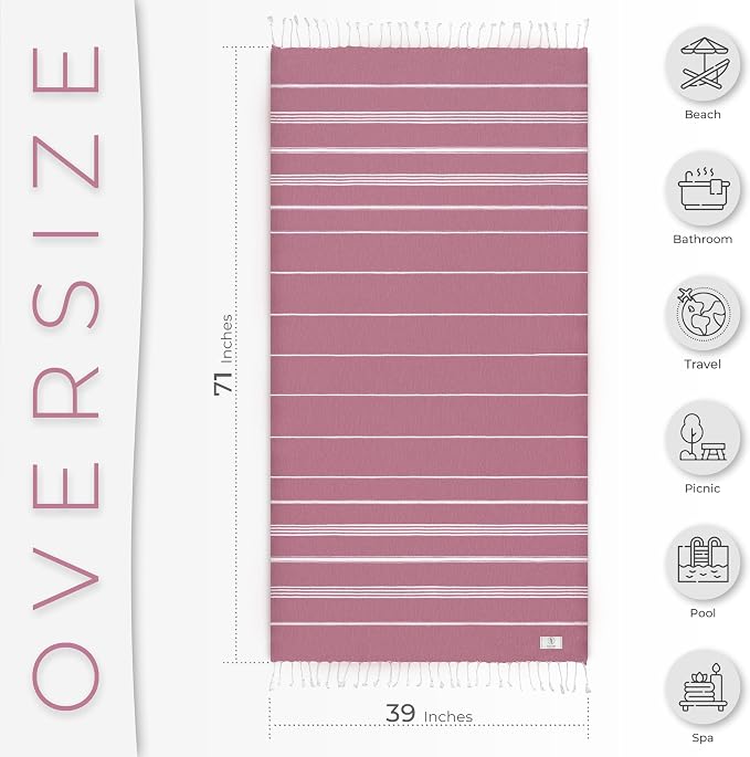 Ossano Turkish Beach Towel Soft & Drying Oversized (39" x 71") - Quick Dry, Versatile and Functional as Picnic, Travel and Beach Blanket, Yoga, Gym, Pool and Cruise Towels - Pink