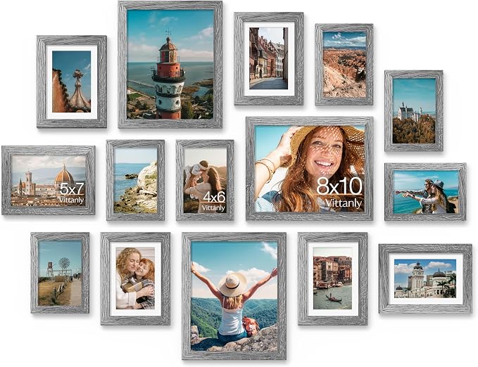 Vittanly 15 Pack Picture Frames Collage Wall Decor, Wall/Tabletop Display | Grey, Multi-Size Gallery Wall Frame Set: 3pcs 8x10, 6pcs 5x7, 6pcs 4x6. Picture Frame Set for Family