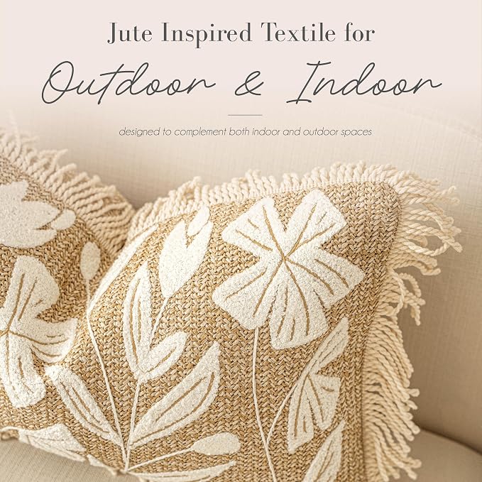 Throw Pillow Cover 20x20 Inch Indoor Outdoor, Jute-Look Floral Tufted Decorative Accent Pillow Case for Patio Sofa Couch Living Room, Cover Only