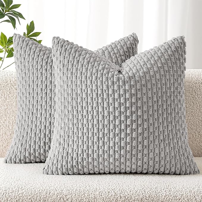 MIULEE Decorative Throw Pillow Covers 16x16 Light Grey Textured Corduroy | Pack of 2 Striped Pillow Covers Modern Farmhouse Home Decor for Couch Bed Sofa Living Room