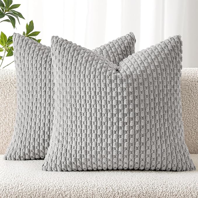 MIULEE Decorative Throw Pillow Covers 18x18 Light Grey Textured Corduroy | Pack of 2 Striped Pillow Covers Modern Farmhouse Home Decor for Couch Bed Sofa Living Room