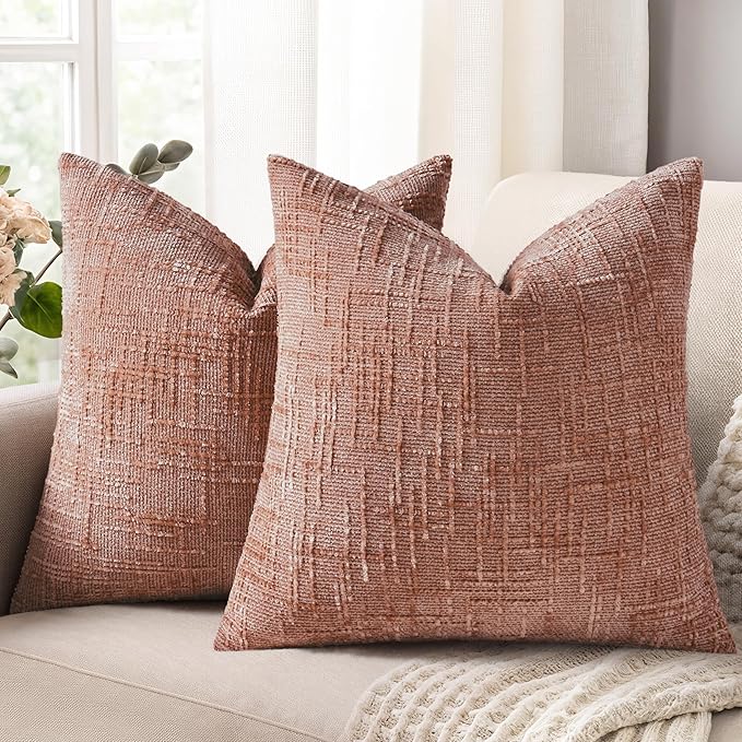 decorUhome Textured Chenille Throw Pillow Covers 26x26 Set of 2 Pink | Fall Modern Farmhouse Soft Cozy Slubby Couch Pillow Cases Boho Decorative Pillow Cases for Bed Sofa Living Room Home Decor