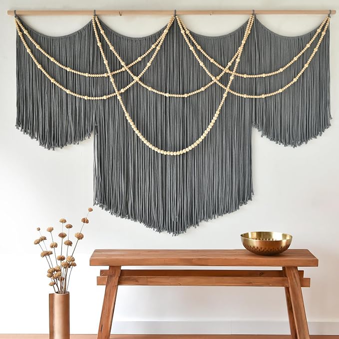 Large Macrame Wall Hanging Grey Boho Wall Art Beaded Decor 57"W*39"L | for Bedroom, Handwoven Cotton Art, Beaded Fiber Design, Textured Wall Accent, Sofa Backdrop Decor, Modern Home Decoration