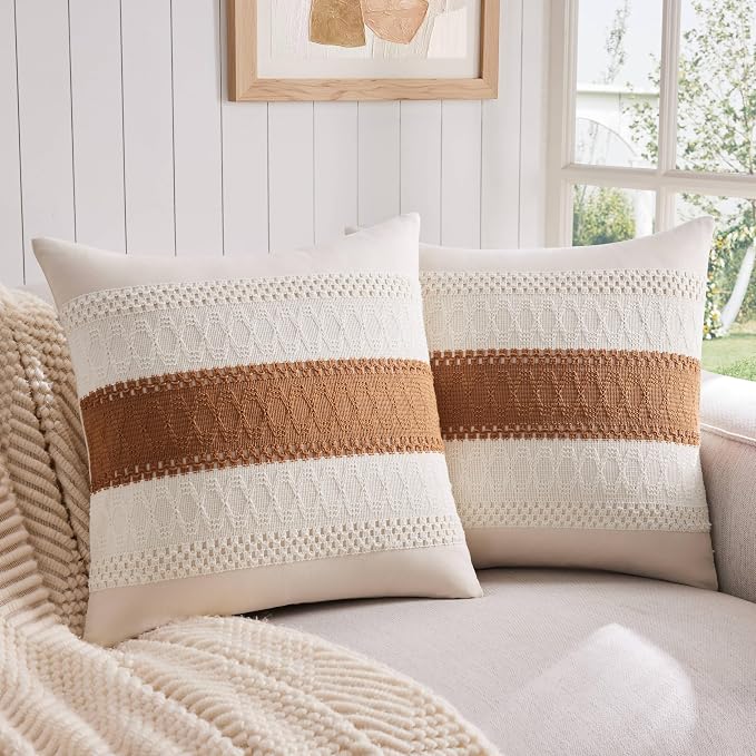 2 Pack Boho Throw Pillow Covers, Contrast Caramel 20x20in | Soft Breathable Cotton, Farmhouse Decorative Couch Pillow Cases, Cushion Covers for Sofa Bed Living Room Home Decor