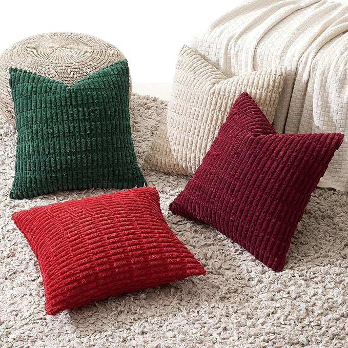 MIULEE Pack of 4 Christmas Throw Pillow Covers 20x20 Red and Green | Neutral Rustic Farmhouse Boho Soft Striped Pillow Covers,Home Decor for Sofa,Living Room,Couch,Bed