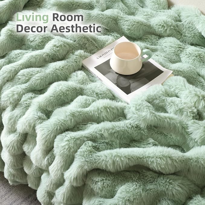 Faux Rabbit Fur Throw for Couch - Sage Green Bubble Blanket 60"x80" | Fluffy Plush Fuzzy Throw for Sofa & Bed, Super Soft Cozy Comfrt Blanket, Luxury Aesthetic Sage Green Decor Gift for Women