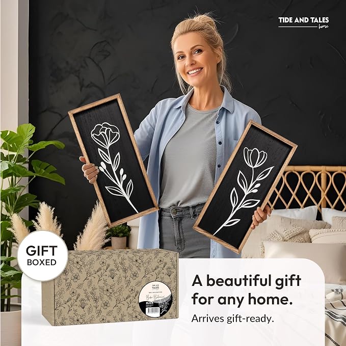 3D Vintage Black Living Room Decor (Set of 2) Lightweight, Wooden Ready-to-Hang Framed Moody Floral Wall Art for Bathroom, Bedroom or Office - Dark Textured Boho Farmhouse Wall Decor - Gift-Boxed