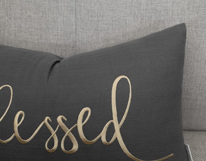 EURASIA DECOR Blessed Embroidered Lumbar Pillow Cover 12x20, Dark Grey | Raised muted gold script on dark grey; scripture faith gift, hidden zip, solid back, cover only