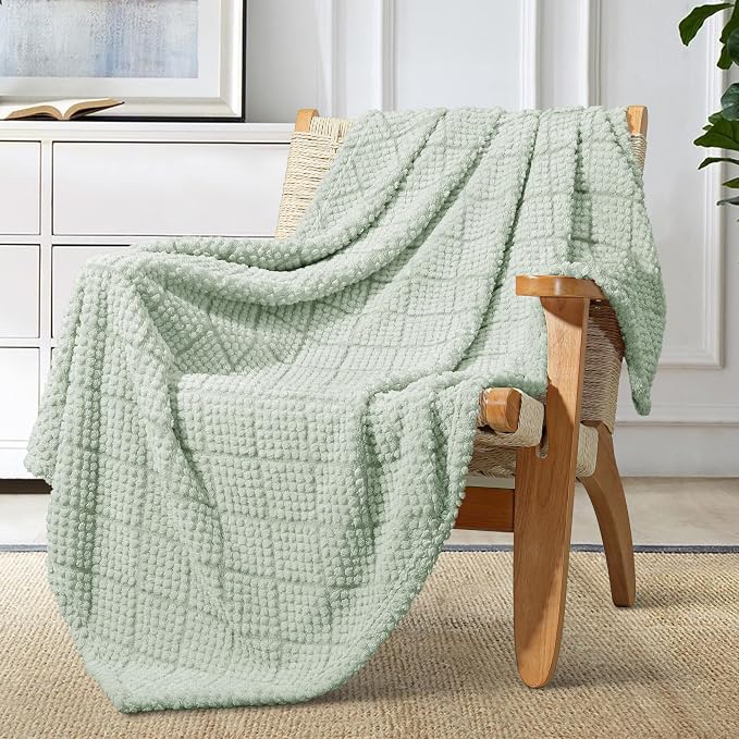 Whale Flotilla Soft Fleece Throw Blanket for Couch, Sage Green | Jacquard Waffle Blankets for Home Decor, Lightweight and Cozy, All Season Suitable, 50x60 Inch