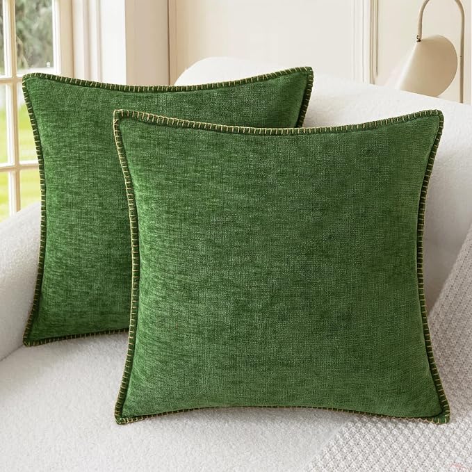CaliTime Decorative Couch Throw Pillow Covers 22 X 22 Inches Forest Green | Pack of 2, Cozy Chenille Cushion Cases, Cotton Thread Stitching Edges, for Sofa Bed Living Room Farmhouse