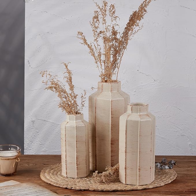 Ceramic Rustic Farmhouse Vase Set of 3,Ice Cracked Glazed Terracotta Vase | Large Vases for Decor,Fall Decoratiion Vases for Home, Table, Living Room, Shelf