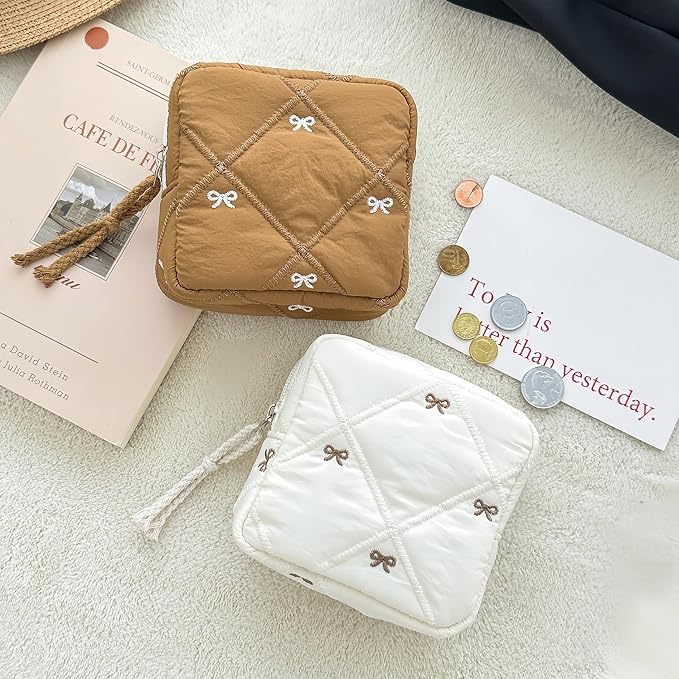 Small Makeup Bag | Discreet Period Bag Pad Pouch for Purse| Sanitary Napkin Storage & Tampon Holder for Travel (Quilted bow beige)