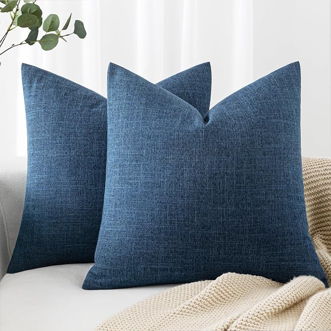 MIULEE Pack of 2 Decorative Linen Burlap Coastal Pillow Covers Farmhouse Accent Pillowcases for Sofa Car Couch Bedroom Living Room Decor 18x18 Inch Blue