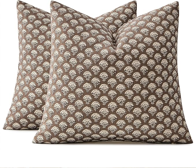 MIULEE Fall Floral Print Decorative Pillow Covers 18x18, Chocolate Brown | Vintage Boho Farmhouse Modern Home Decor, Set of 2, Block Print Cushion Covers for Couch Sofa Bed Living Room