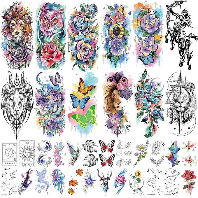 77 Temporary Tattoos for Women, Colorful Constellation Animal Flower Half Arm Fake Tattoos, Realistic Planet Lion Butterfly Rose Peony Tattoo Design