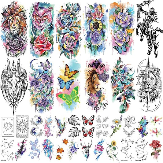 77 Temporary Tattoos for Women, Colorful Constellation Animal Flower Half Arm Fake Tattoos, Realistic Planet Lion Butterfly Rose Peony Tattoo Design