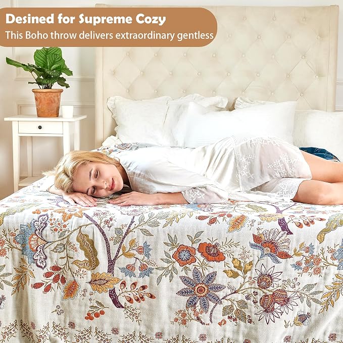 VANJOROY Boho Throw Blanket, 100% Organic Cotton Breathable Skin-Friendly Ultra Soft Bed Quilt Throw - All Season Floral Farmhouse Décor Luxury Blanket for Sofa Couch Chair and Gift. 50" x 60"