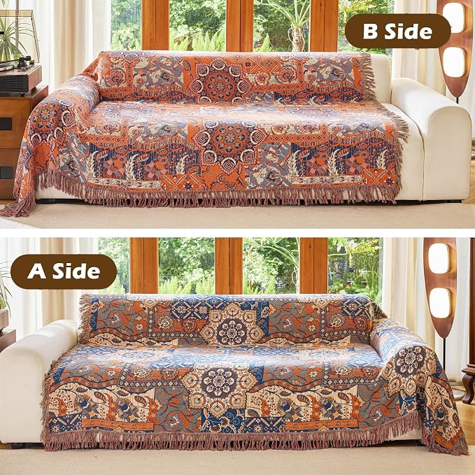 VANJOROY Boho Throw Blanket for Bed Couch 80" x 90", 100% Organic Cotton Skin-Friendly Ultra Soft Quilt Throw - Floral Rustic Living Room Decor Luxury Reversible Blanket for Sofa Chair and Gift