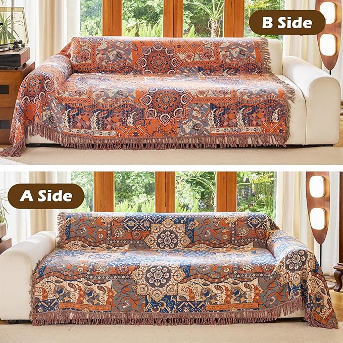 VANJOROY Boho Throw Blanket for Bed Couch 91" x 98", 100% Organic Cotton Skin-Friendly Ultra Soft Quilt Throw - Floral Rustic Living Room Decor Luxury Reversible Blanket for Sofa Chair and Gift