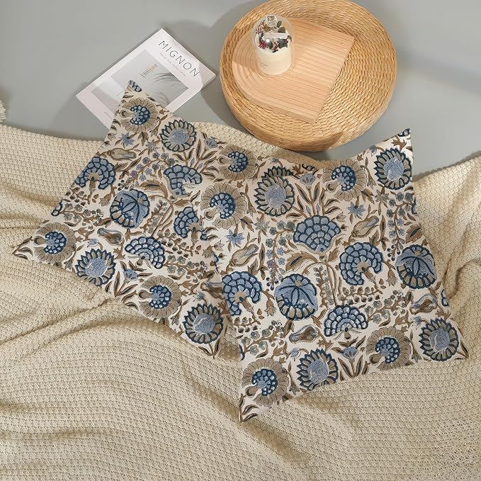 Block Print Pillow Covers 18x18 Inch Pack Of 2 Boho Blue Brown Floral Decor Throw Pillow Covers Spring Summer Flower Pillowcase Outdoor Farmhouse Decorative Square Cushion Cover for Home Couch