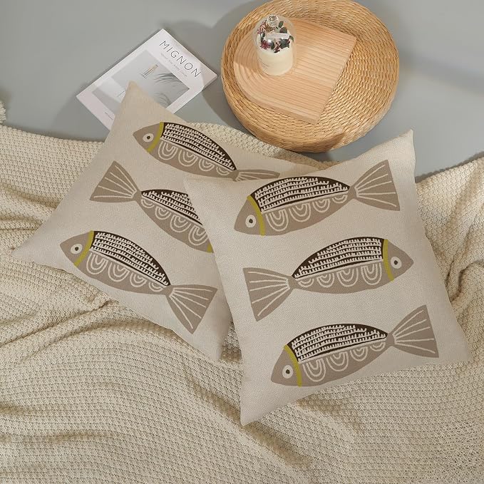 Coastal Pillow Covers 18x18 Inch Set of 2 Ocean Beach Brown Fish Throw Pillows Summer Nautical Outdoor Decorative Pillow Cases Linen Farmhouse Cushion Cover for Couch Home Sofa Bedroom Decor