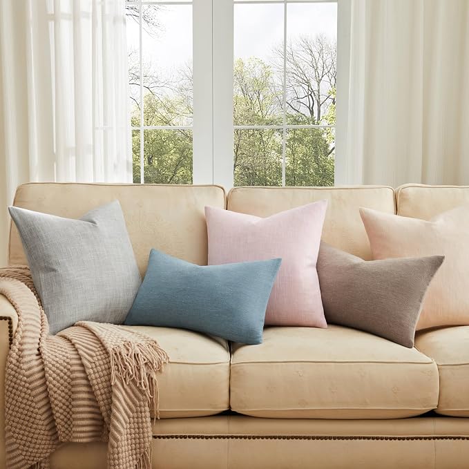 Rustic Linen Throw Pillow Covers Set of 2, Cocoa Brown 18x18in | Textured Pillow Case, Rustic Cotton Linen Fabric, Modern Farmhouse Cushion Covers for Sofa Bed Living Room Home Decor