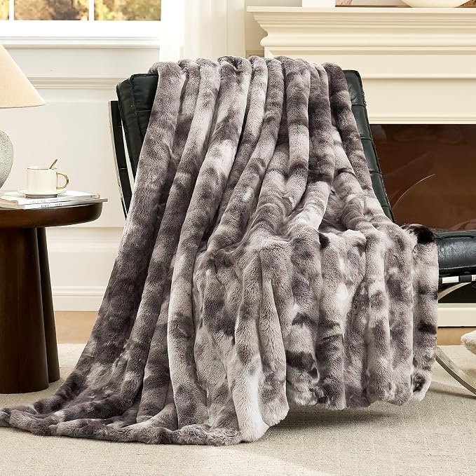 Cozy Bliss Deluxe Striped Rabbit Faux Fur Throw Blanket, Soft Fluffy Warm Plush Blanket for Winter, Modern Homr Decor, Tie-dye Grey 50"x60"