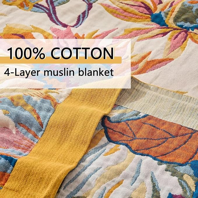 Boho Throw Blanket Farmhouse Decor Throw Blanket Bohemian Blanket for Bed 100% Cotton Muslin Woven Couch Blanket All Seasons Quilt Bedroom (D-Yellow, 50"x60")