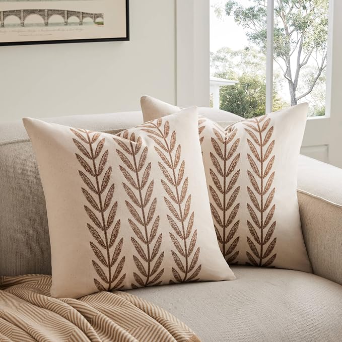 Farmhouse Leaves Throw Pillow Covers Set of 2, 24x24in Caramel | 100% Organic Cotton, Rustic Accent Print Pillow Case, Pastoral Decorative Cushion Covers for Sofa Bed Living Room Home Decor
