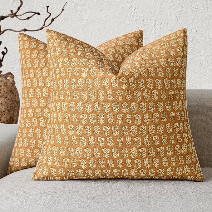 Foindtower Set of 2 Decorative Vintage Floral Print Throw Pillow Covers Neutral Modern Farmhouse Cushion Cover Boho Home Decor For Sofa Couch Chair Bedroom Living Room Outdoor,22×22 Inch,Golden Orange