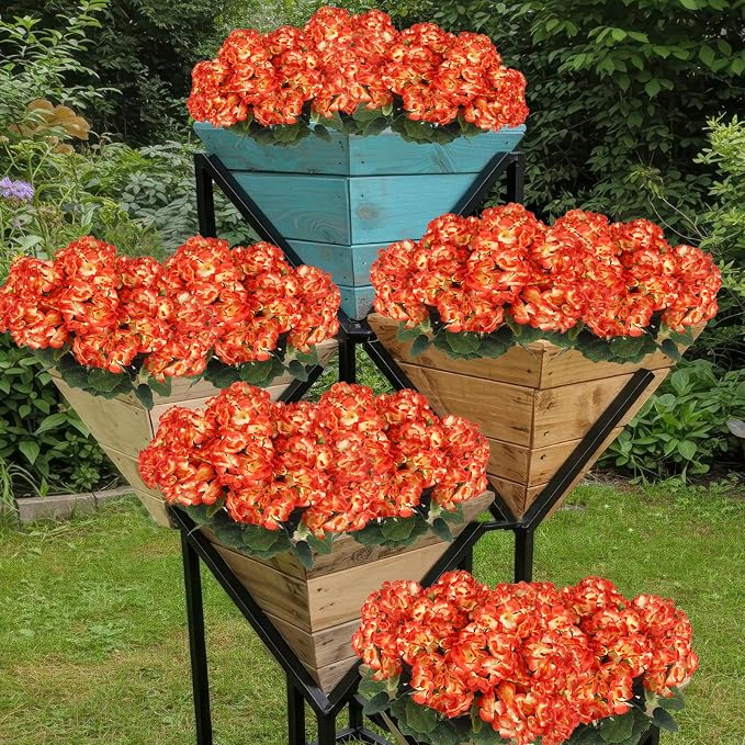 CISDUEO 4 Pcs Artificial Geraniums for Outdoors Silk Flowers Outside Orange | Faux Flowers Geraniums for Outdoor Planter Floral Home Decor Indoor Garden Patio Grave Cemetary Vase Table Centerpiece
