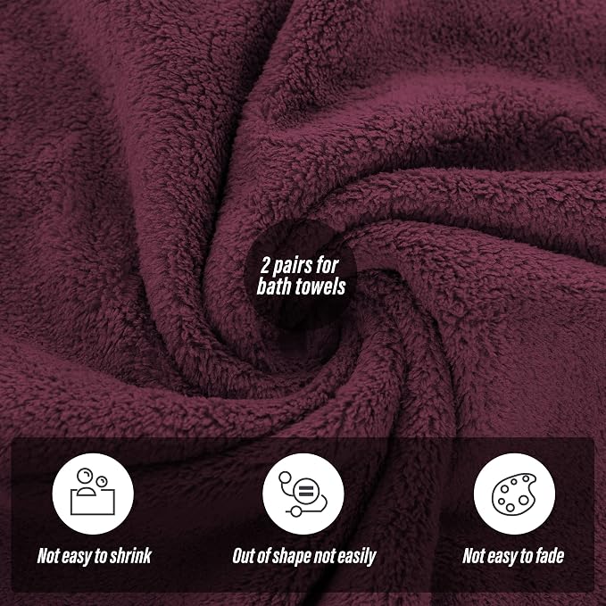 MOONQUEEN 2 Pack Premium Bath Towel Set - Quick Drying - Microfiber Coral Velvet Highly Absorbent Towels - Multipurpose Use as Bath Fitness, Bathroom, Shower, Sports, Yoga Towel (Burgundy)