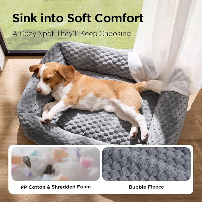 Bedsure Washable Dog Beds Large Sized Dog with Bubble Fleece,35in Grey | Cute Pet Bed,Fluffy Cuddler Pet Couch,Neck-Friendly Bolster,Non-Slip Bottom,Machine Washable Removable Cover ,Up to 50 lbs